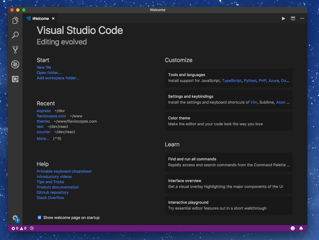 صفحه نخست Visual Studio Code